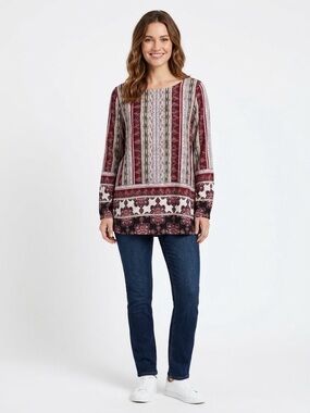 J. Jill Red Multi Striped & Floral Tunic Top